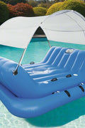 4-seat inflatable island float with sunshade
floating pool lounge with built-in cup holders
relaxing inflatable float for adults
inflatable pool island with cooler and speaker
heavy-duty lake float for 4 people