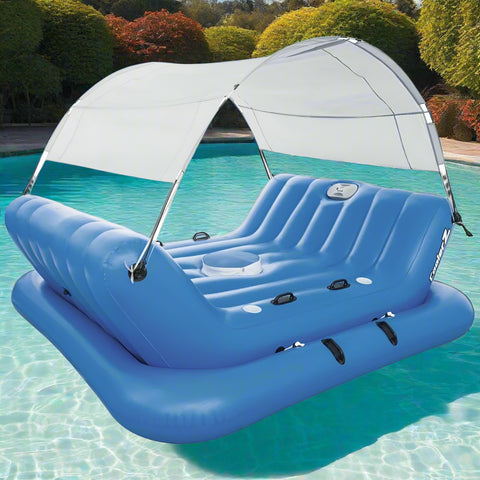 4-seat inflatable island float with sunshade
floating pool lounge with built-in cup holders
relaxing inflatable float for adults
inflatable pool island with cooler and speaker
heavy-duty lake float for 4 people