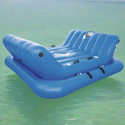 4-seat inflatable island float with sunshade
floating pool lounge with built-in cup holders
relaxing inflatable float for adults
inflatable pool island with cooler and speaker
heavy-duty lake float for 4 people