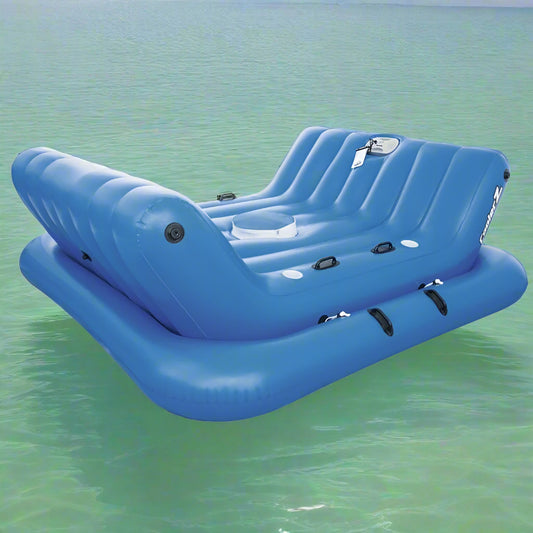 4-seat inflatable island float with sunshade
floating pool lounge with built-in cup holders
relaxing inflatable float for adults
inflatable pool island with cooler and speaker
heavy-duty lake float for 4 people