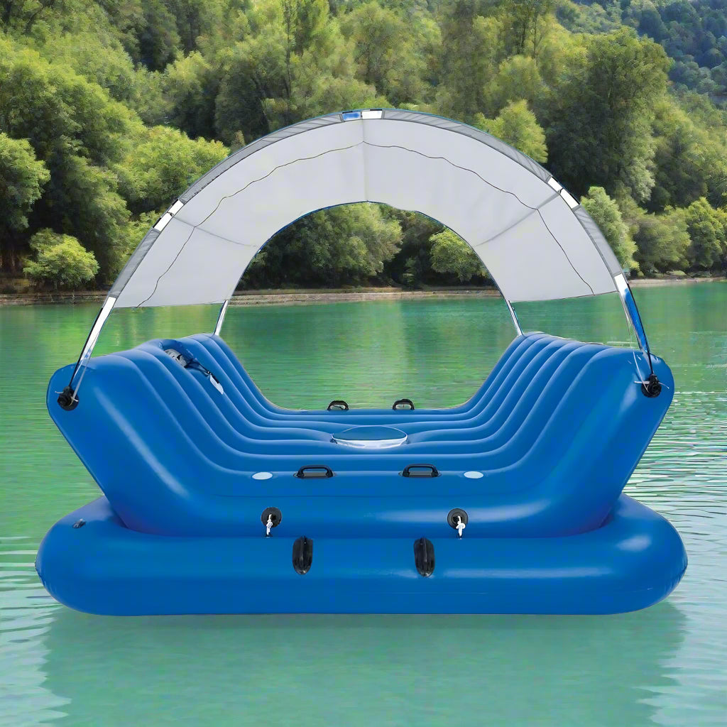 4-seat inflatable island float with sunshade
floating pool lounge with built-in cup holders
relaxing inflatable float for adults
inflatable pool island with cooler and speaker
heavy-duty lake float for 4 people