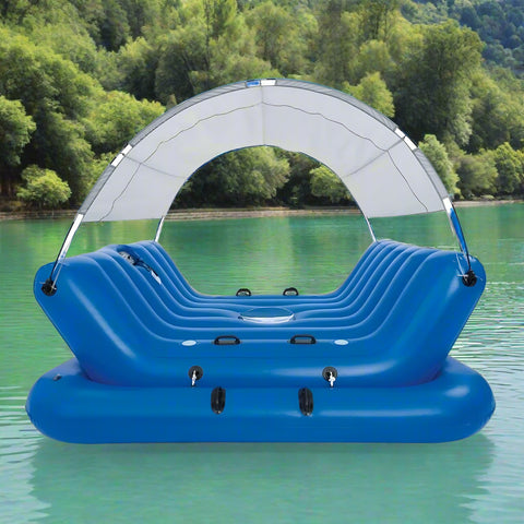 4-seat inflatable island float with sunshade
floating pool lounge with built-in cup holders
relaxing inflatable float for adults
inflatable pool island with cooler and speaker
heavy-duty lake float for 4 people