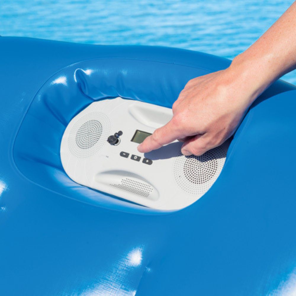 4-seat inflatable island float with sunshade
floating pool lounge with built-in cup holders
relaxing inflatable float for adults
inflatable pool island with cooler and speaker
heavy-duty lake float for 4 people