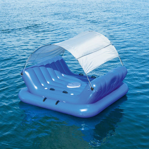 4-seat inflatable island float with sunshade
floating pool lounge with built-in cup holders
relaxing inflatable float for adults
inflatable pool island with cooler and speaker
heavy-duty lake float for 4 people