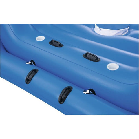 4-seat inflatable island float with sunshade
floating pool lounge with built-in cup holders
relaxing inflatable float for adults
inflatable pool island with cooler and speaker
heavy-duty lake float for 4 people