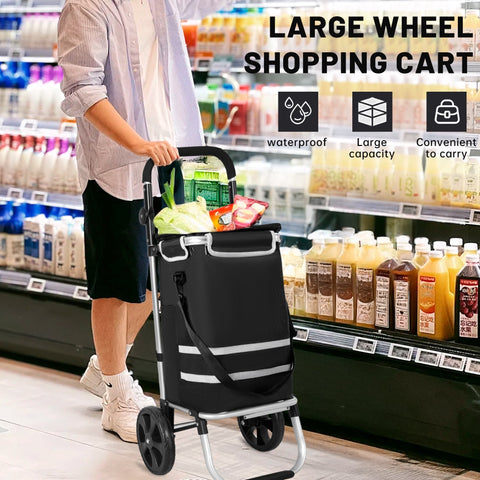 New Insulated Rolling Shopping Cart – Foldable Grocery Trolley with Cooler Bag, Large Wheels & Reflective Strips 110 lbs Capacity AMTL266 - with | Sold by Uncle Wiener's Wholesale
