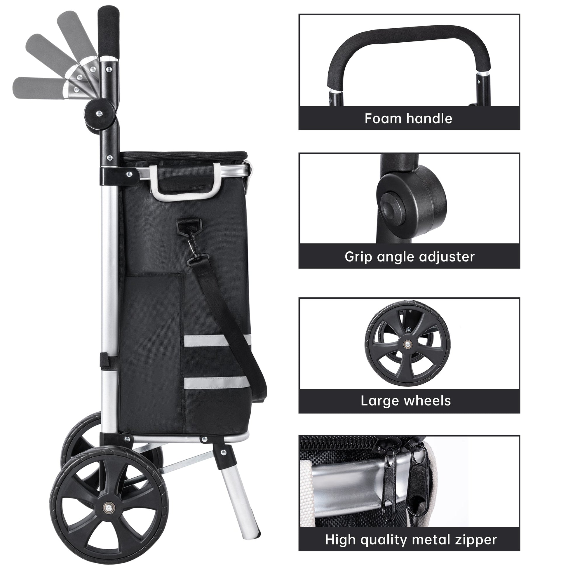 New Insulated Rolling Shopping Cart – Foldable Grocery Trolley with Cooler Bag, Large Wheels & Reflective Strips 110 lbs Capacity AMTL266 - with | Sold by Uncle Wiener's Wholesale