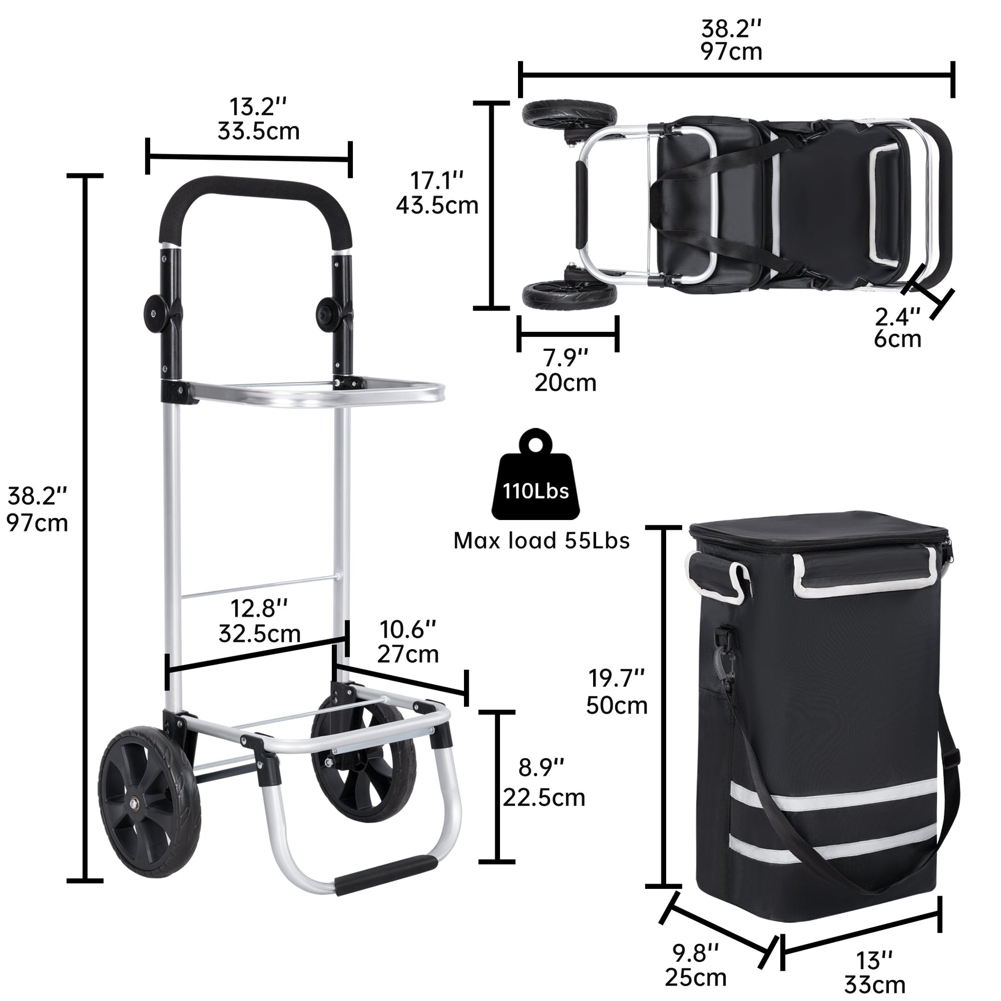 New Insulated Rolling Shopping Cart – Foldable Grocery Trolley with Cooler Bag, Large Wheels & Reflective Strips 110 lbs Capacity AMTL266 - with | Sold by Uncle Wiener's Wholesale