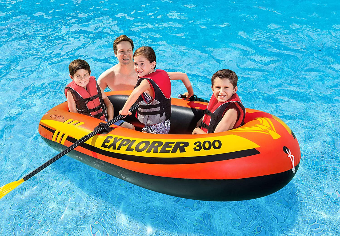 Intex Explorer 300 inflatable boat top view

3-person orange inflatable raft with oars

Durable vinyl inflatable boat for lake or pool

Explorer 300 model 58332NP with grab rope

Lightweight and compact Intex boat