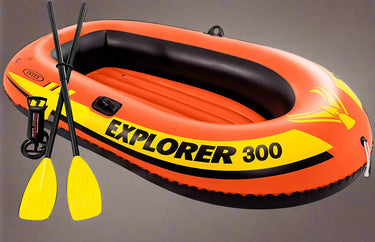 Intex Explorer 300 inflatable boat top view

3-person orange inflatable raft with oars

Durable vinyl inflatable boat for lake or pool

Explorer 300 model 58332NP with grab rope

Lightweight and compact Intex boat