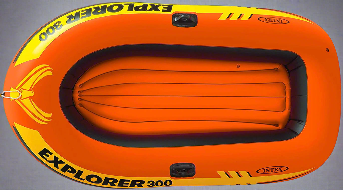 Intex Explorer 300 inflatable boat top view

3-person orange inflatable raft with oars

Durable vinyl inflatable boat for lake or pool

Explorer 300 model 58332NP with grab rope

Lightweight and compact Intex boat