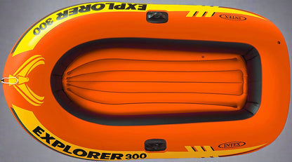 Intex Explorer 300 inflatable boat top view

3-person orange inflatable raft with oars

Durable vinyl inflatable boat for lake or pool

Explorer 300 model 58332NP with grab rope

Lightweight and compact Intex boat