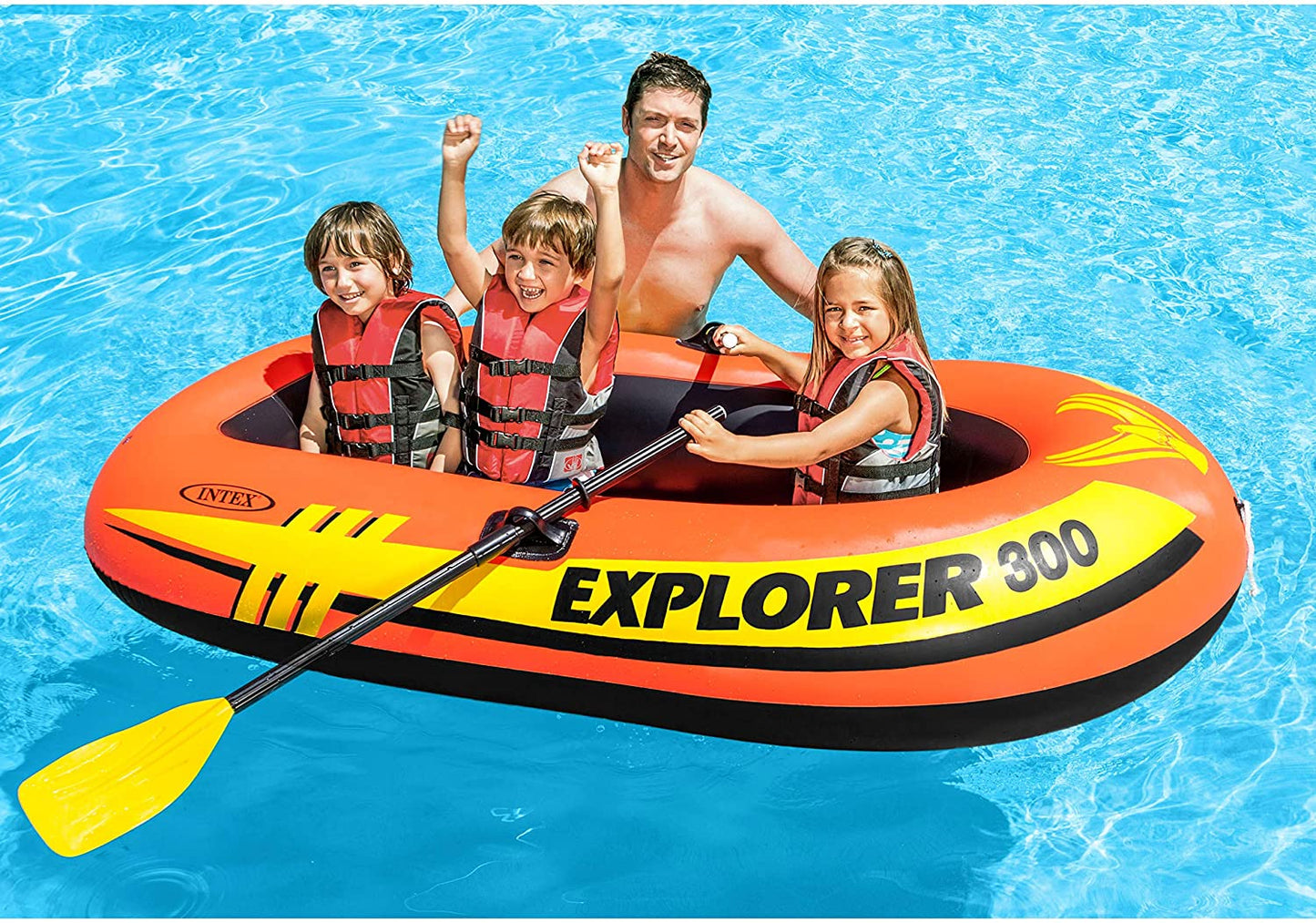 Intex Explorer 300 inflatable boat top view

3-person orange inflatable raft with oars

Durable vinyl inflatable boat for lake or pool

Explorer 300 model 58332NP with grab rope

Lightweight and compact Intex boat