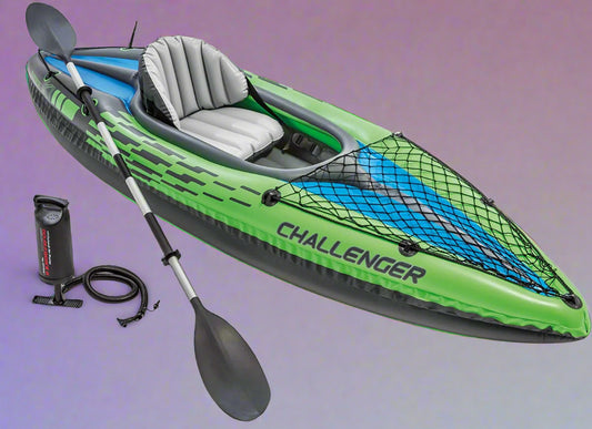 Intex Challenger K1 inflatable kayak on water

1-person green inflatable kayak set with oar and pump

Inflatable kayak with seat and cargo net

Kayak set components: paddle, pump, skeg, repair patch

Recreational lake kayak for solo paddlers