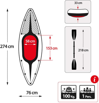 Intex Challenger K1 inflatable kayak on water

1-person green inflatable kayak set with oar and pump

Inflatable kayak with seat and cargo net

Kayak set components: paddle, pump, skeg, repair patch

Recreational lake kayak for solo paddlers