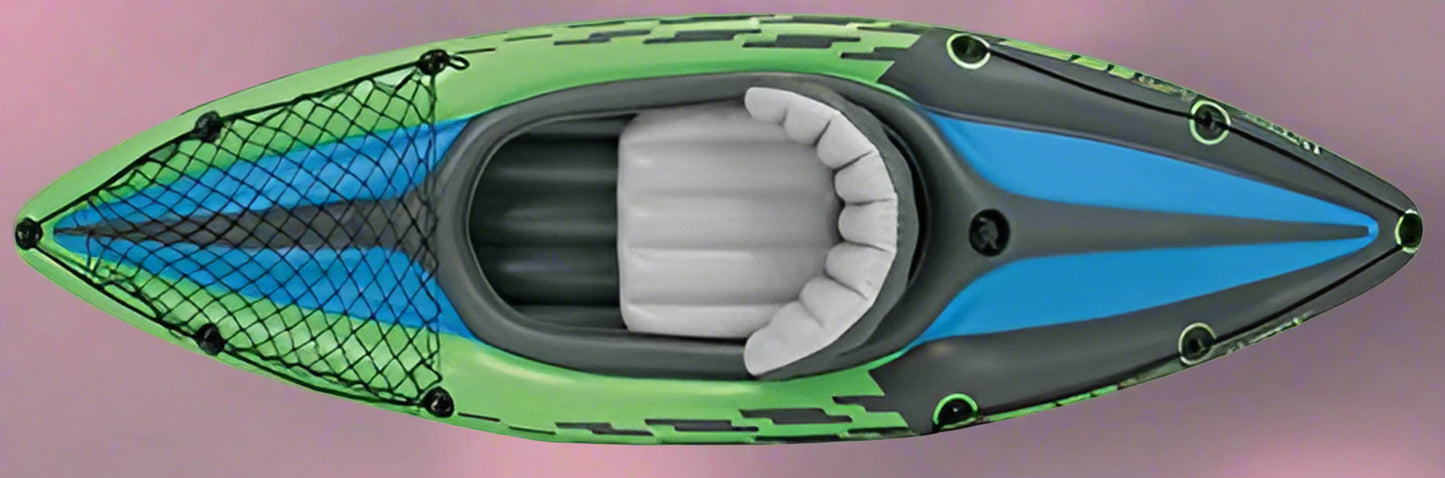Intex Challenger K1 inflatable kayak on water

1-person green inflatable kayak set with oar and pump

Inflatable kayak with seat and cargo net

Kayak set components: paddle, pump, skeg, repair patch

Recreational lake kayak for solo paddlers