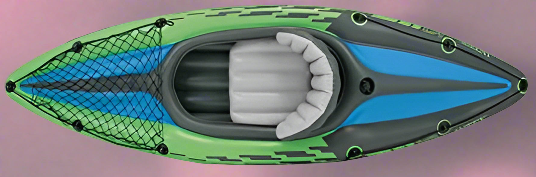 Intex Challenger K1 inflatable kayak on water

1-person green inflatable kayak set with oar and pump

Inflatable kayak with seat and cargo net

Kayak set components: paddle, pump, skeg, repair patch

Recreational lake kayak for solo paddlers