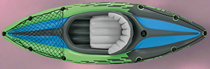 Intex Challenger K1 inflatable kayak on water

1-person green inflatable kayak set with oar and pump

Inflatable kayak with seat and cargo net

Kayak set components: paddle, pump, skeg, repair patch

Recreational lake kayak for solo paddlers