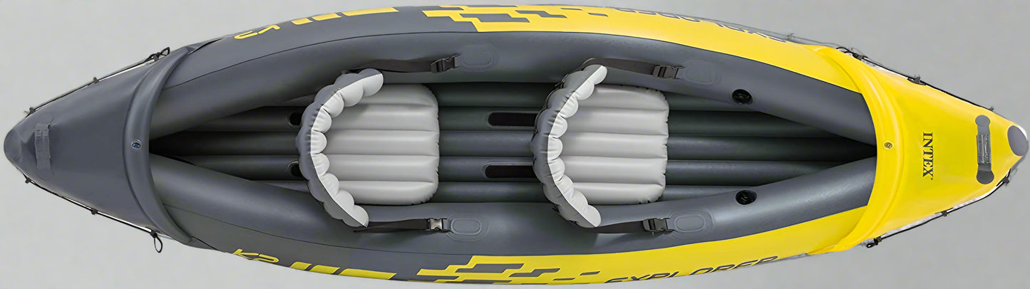 Intex Explorer K2 inflatable kayak on water with paddles

Top view of Explorer K2 kayak with seats and pump

Close-up of inflatable cockpit seats

Full kayak set with oars, pump, and skeg

Explorer K2 in yellow – packaged with accessories
