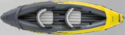 Intex Explorer K2 inflatable kayak on water with paddles

Top view of Explorer K2 kayak with seats and pump

Close-up of inflatable cockpit seats

Full kayak set with oars, pump, and skeg

Explorer K2 in yellow – packaged with accessories