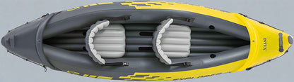 Intex Explorer K2 inflatable kayak on water with paddles

Top view of Explorer K2 kayak with seats and pump

Close-up of inflatable cockpit seats

Full kayak set with oars, pump, and skeg

Explorer K2 in yellow – packaged with accessories
