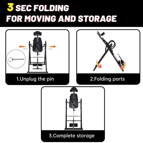 Inversion Table with Foam Padded Back and Handles

Foldable Inversion Table for Back Pain Relief

Heavy-Duty Inversion Frame with Ankle Lock

User Demonstrating Inversion Therapy at Home

Safety Lock Mechanism and Folded View
