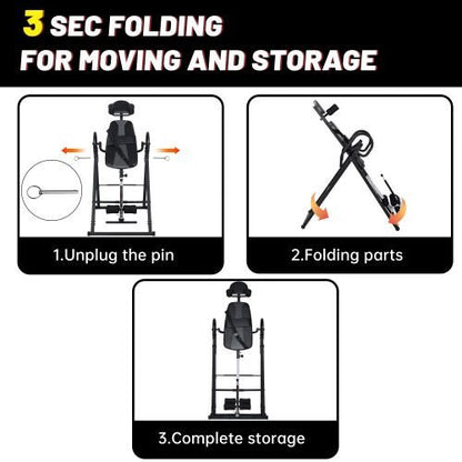 Inversion Table with Foam Padded Back and Handles

Foldable Inversion Table for Back Pain Relief

Heavy-Duty Inversion Frame with Ankle Lock

User Demonstrating Inversion Therapy at Home

Safety Lock Mechanism and Folded View