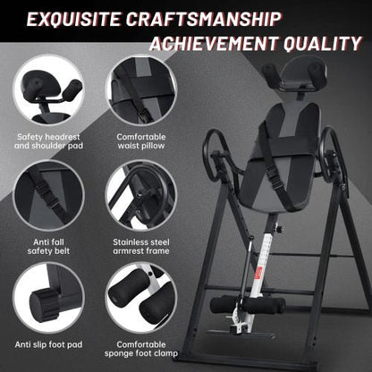 Inversion Table with Foam Padded Back and Handles

Foldable Inversion Table for Back Pain Relief

Heavy-Duty Inversion Frame with Ankle Lock

User Demonstrating Inversion Therapy at Home

Safety Lock Mechanism and Folded View