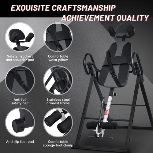 Inversion Table with Foam Padded Back and Handles

Foldable Inversion Table for Back Pain Relief

Heavy-Duty Inversion Frame with Ankle Lock

User Demonstrating Inversion Therapy at Home

Safety Lock Mechanism and Folded View