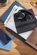 Jabra Evolve2 65 Flex headset full view with mic boom
Folded Jabra headset showing portability
Side view of Jabra Evolve2 with ANC earcups
Headset in use with Teams-certified functionality