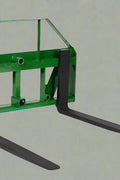 John Deere Euro Global 2-in-1 hay spear and pallet fork combo in use

Front view of the green hay spear attachment

Close-up of pallet fork mount

Forklift-style prongs on John Deere combo attachment

Side view of the detachable hay spear