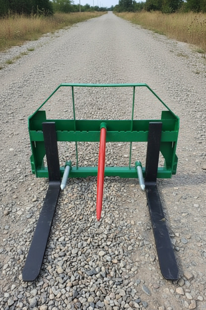 John Deere Euro Global 2-in-1 hay spear and pallet fork combo in use

Front view of the green hay spear attachment

Close-up of pallet fork mount

Forklift-style prongs on John Deere combo attachment

Side view of the detachable hay spear