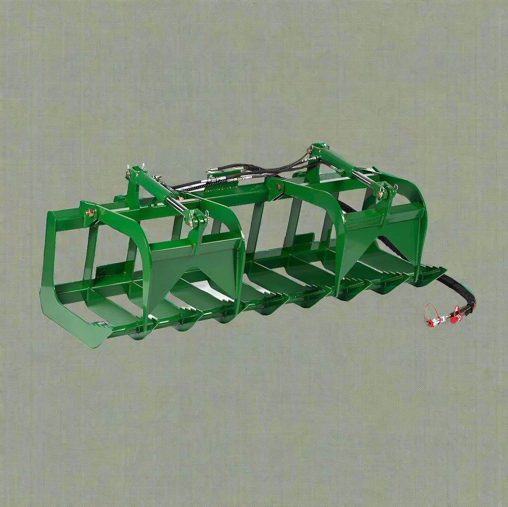 John Deere-compatible root grapple – front view

Dual grapple arms with 25-inch opening – side view