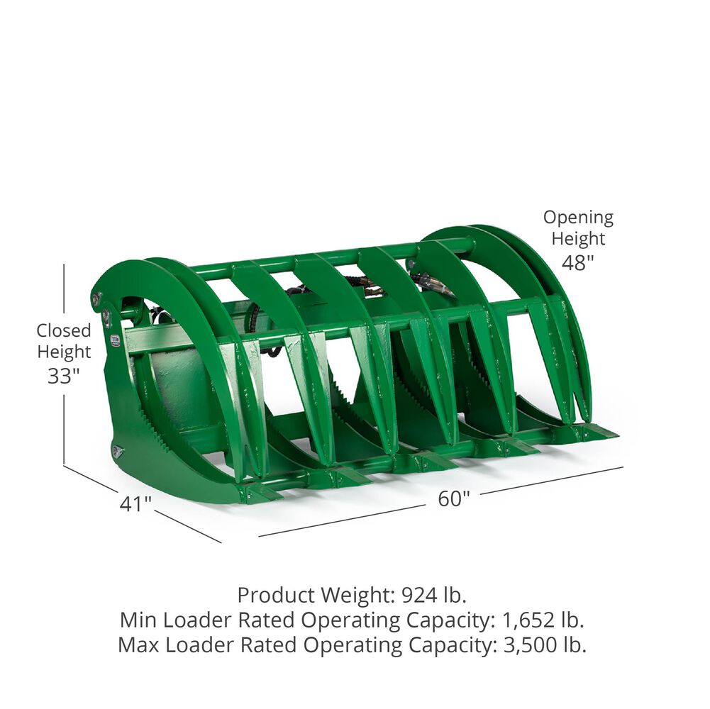 Green root grapple rake for John Deere tractors – 60 inch model
Dual-arm grapple rake with hook and pin mount – front view
Heavy-duty brush clearing grapple attachment – 72 inch width