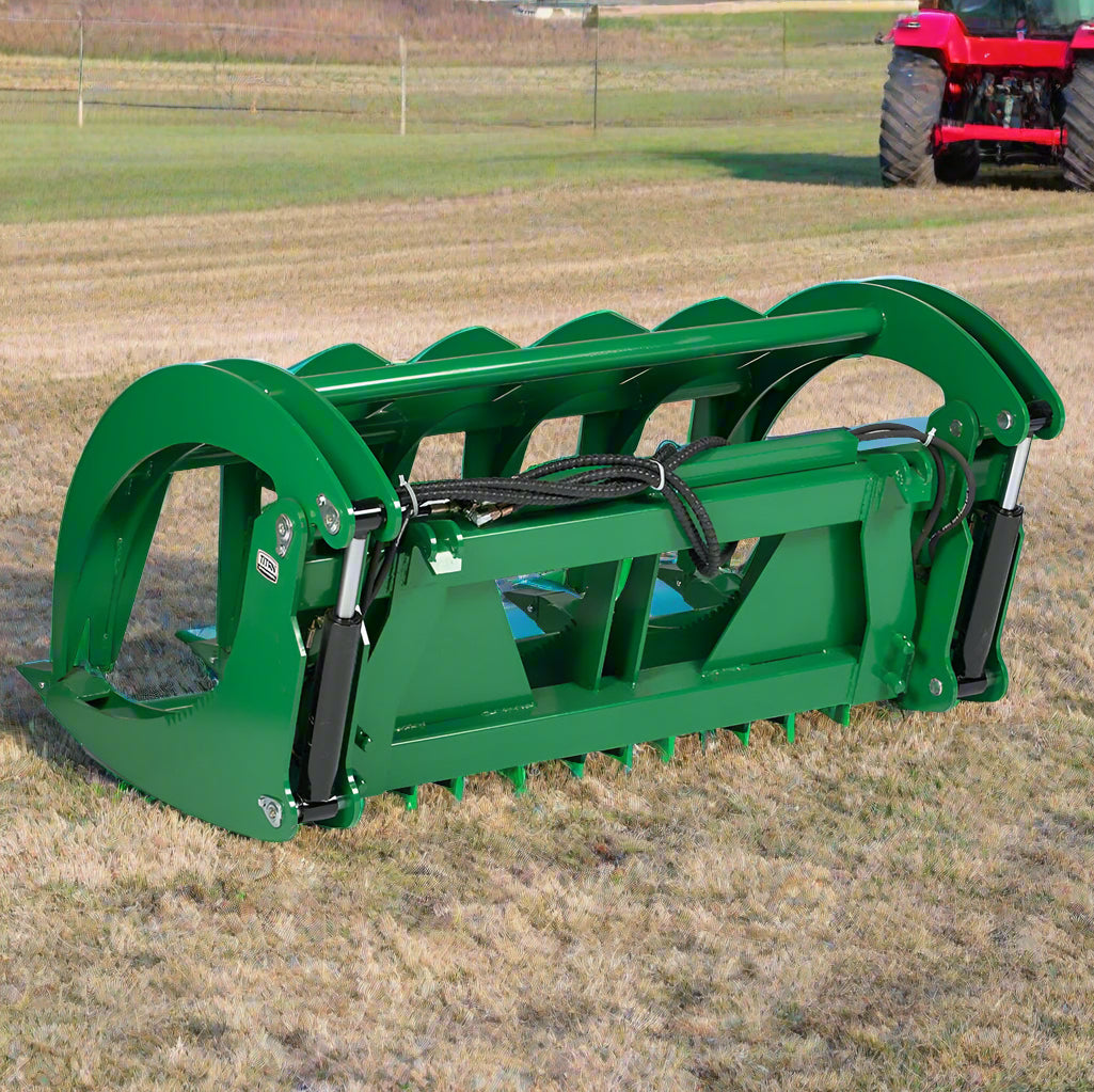 Green root grapple rake for John Deere tractors – 60 inch model
Dual-arm grapple rake with hook and pin mount – front view
Heavy-duty brush clearing grapple attachment – 72 inch width