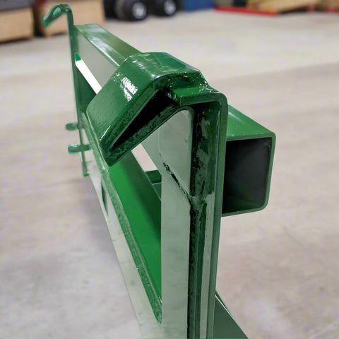  2" receiver hitch mount plate for John Deere tractor – front loader attachment
Heavy-duty green steel hitch plate – fits 200–500 series loaders
Trailer hitch receiver on John Deere mount plate – model MPJD51