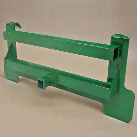  2" receiver hitch mount plate for John Deere tractor – front loader attachment
Heavy-duty green steel hitch plate – fits 200–500 series loaders
Trailer hitch receiver on John Deere mount plate – model MPJD51