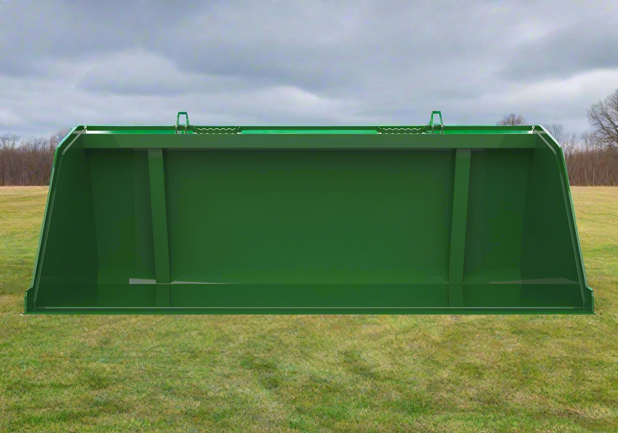 Green snow and mulch bucket attachment mounted on John Deere loader
High-capacity tractor loader bucket – front angle view