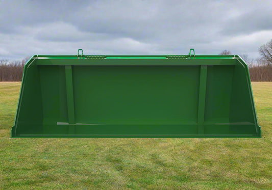 Green snow and mulch bucket attachment mounted on John Deere loader
High-capacity tractor loader bucket – front angle view