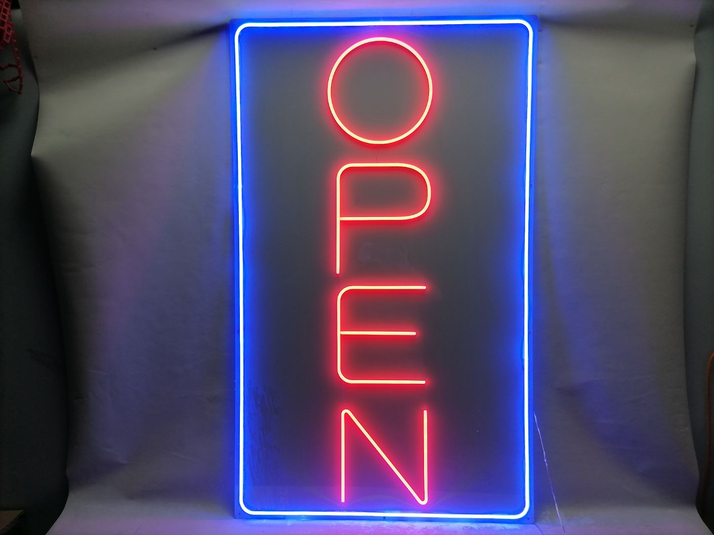 “Jumbo 5ft x 3ft vertical LED open sign glowing in blue and red”

“Wall-mounted vertical neon OPEN sign with acrylic backing”

“Commercial jumbo neon open sign for storefront window”
