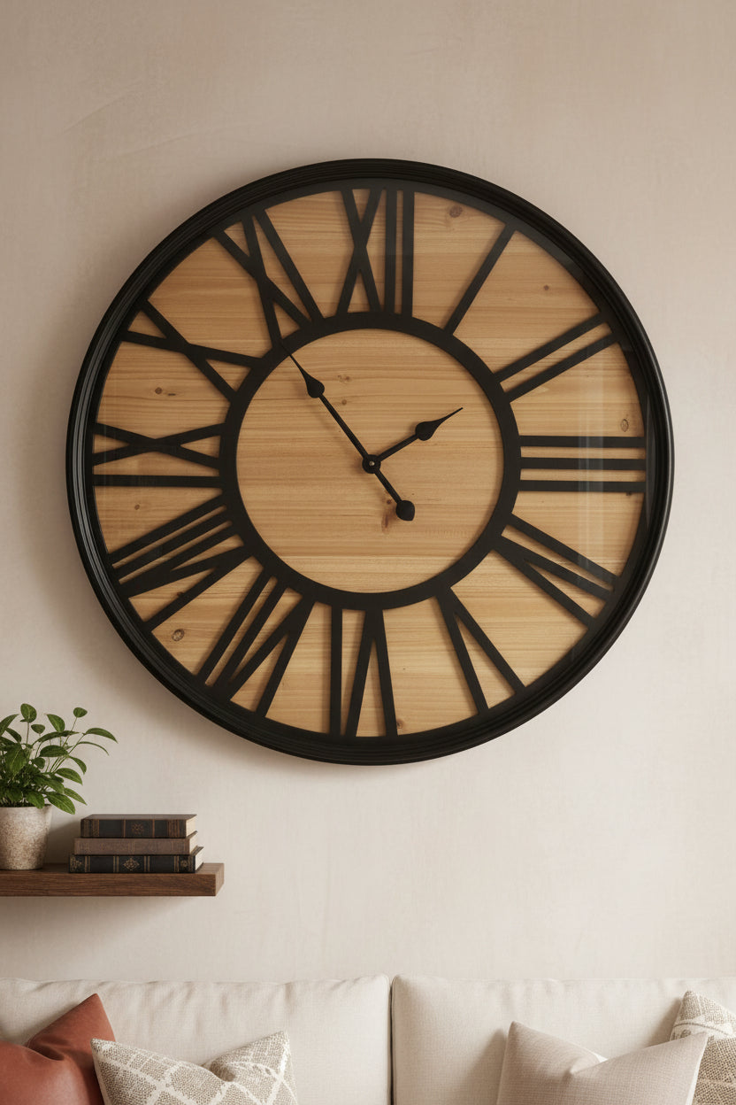 Oversized 74 cm vintage wall clock with Roman numerals
Farm-style rustic wood and metal wall clock
Silent quartz large wall clock for farmhouse d��cor
29-inch decorative black and wood clock for the living room 