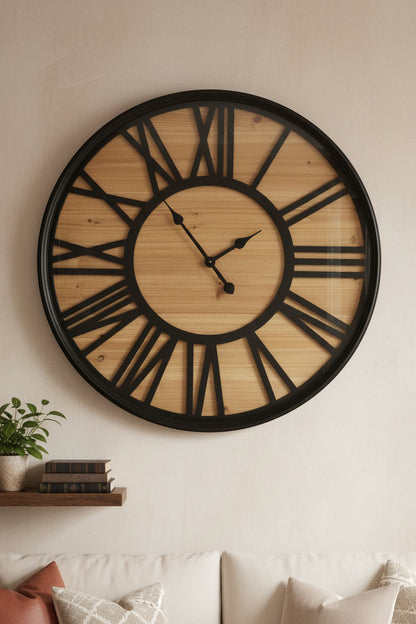 Oversized 74 cm vintage wall clock with Roman numerals
Farm-style rustic wood and metal wall clock
Silent quartz large wall clock for farmhouse d��cor
29-inch decorative black and wood clock for the living room 