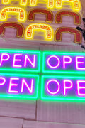“Jumbo neon LED open sign hanging in storefront window”

“Close-up of waterproof bright open sign for business”

“High visibility LED open sign with pink and green lighting”