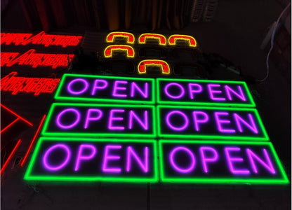 “Jumbo neon LED open sign hanging in storefront window”

“Close-up of waterproof bright open sign for business”

“High visibility LED open sign with pink and green lighting”