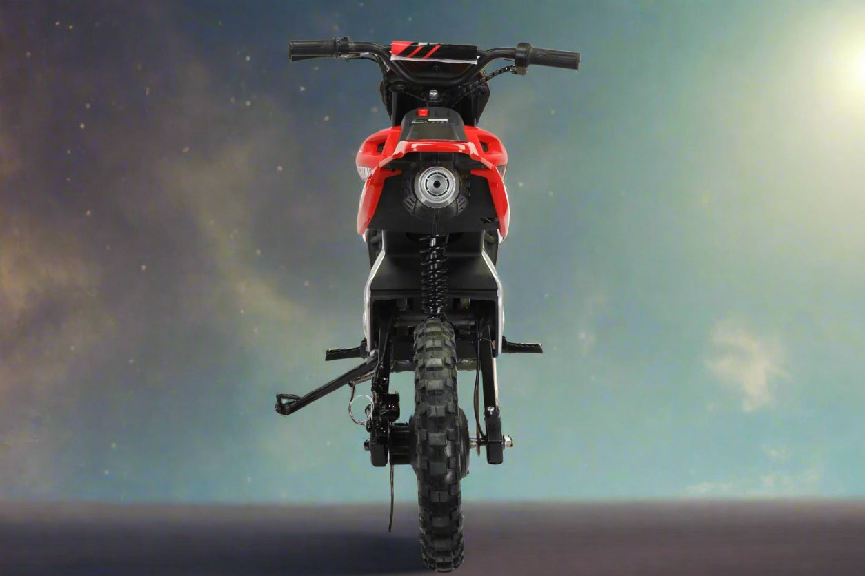 Red kids 36V electric dirt bike side view

Model CS3288 electric motocross bike for kids

Rear disc brake and suspension on 300W dirt bike

Young rider electric toy motorcycle CS3288

Knobby off-road tires on kids 36V electric bike