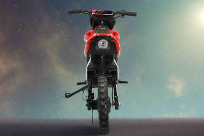 Red kids 36V electric dirt bike side view

Model CS3288 electric motocross bike for kids

Rear disc brake and suspension on 300W dirt bike

Young rider electric toy motorcycle CS3288

Knobby off-road tires on kids 36V electric bike