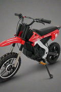 Red kids 36V electric dirt bike side view

Model CS3288 electric motocross bike for kids

Rear disc brake and suspension on 300W dirt bike

Young rider electric toy motorcycle CS3288

Knobby off-road tires on kids 36V electric bike