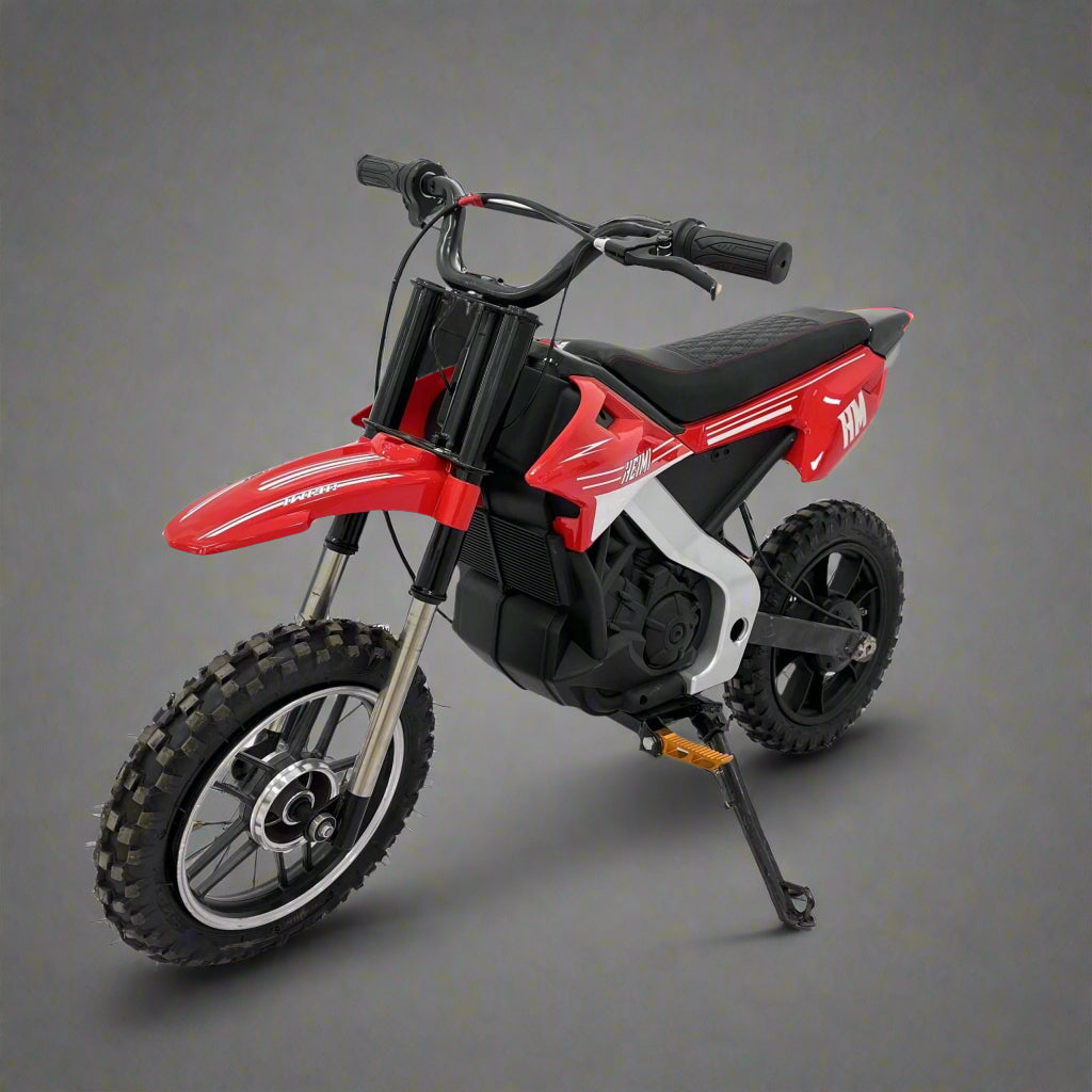 Red kids 36V electric dirt bike side view

Model CS3288 electric motocross bike for kids

Rear disc brake and suspension on 300W dirt bike

Young rider electric toy motorcycle CS3288

Knobby off-road tires on kids 36V electric bike