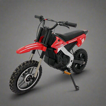Red kids 36V electric dirt bike side view

Model CS3288 electric motocross bike for kids

Rear disc brake and suspension on 300W dirt bike

Young rider electric toy motorcycle CS3288

Knobby off-road tires on kids 36V electric bike