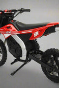 Red kids 36V electric dirt bike side view

Model CS3288 electric motocross bike for kids

Rear disc brake and suspension on 300W dirt bike

Young rider electric toy motorcycle CS3288

Knobby off-road tires on kids 36V electric bike